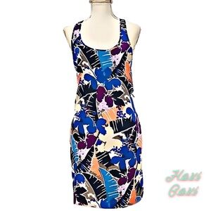 APOSTROPHE RAZOR BCK DRESS SZ M BLUE, PURPLE, & ORANGE TROPICAL PRINT W/POCKETS